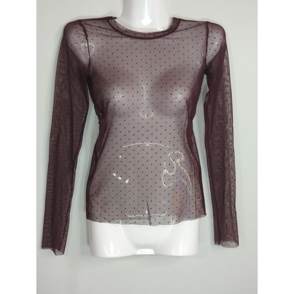 Wilfred Free Maroon Mesh Swiss Dot Long Sleeve Sheer Top Women's XXS PinUp Retro